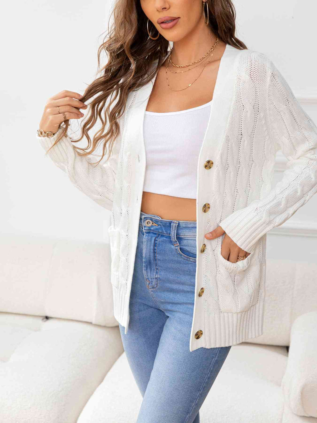 Button Down Cable-Knit Cardigan Bazaarbey