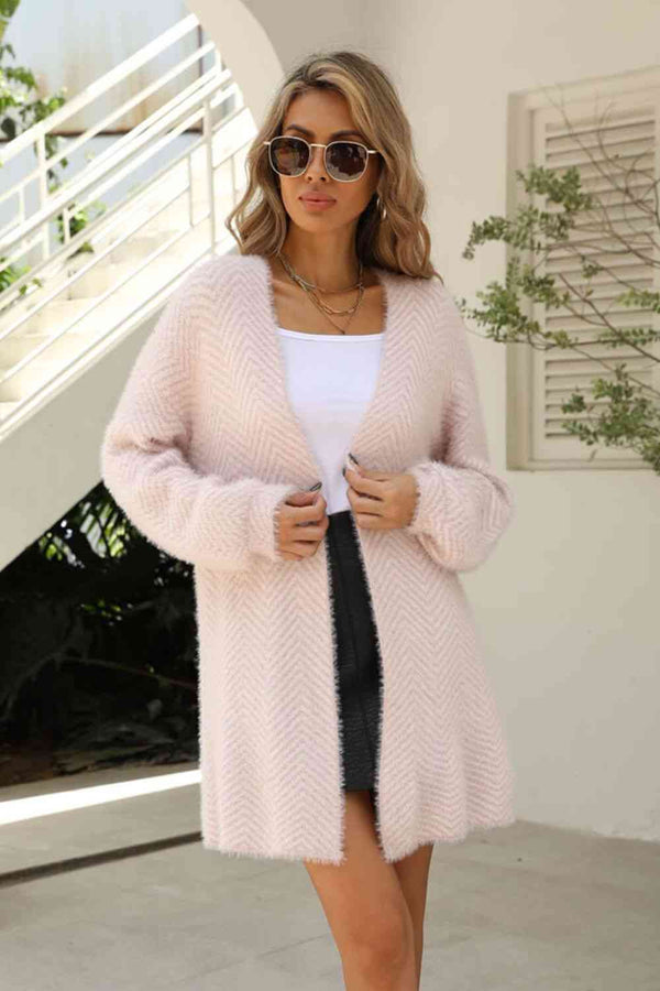 BazaarBey Herringbone Pattern Open Front Longline Fuzzy Cardigan Trendsi