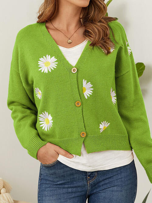 Flower Button Front Dropped Shoulder Cardigan Trendsi