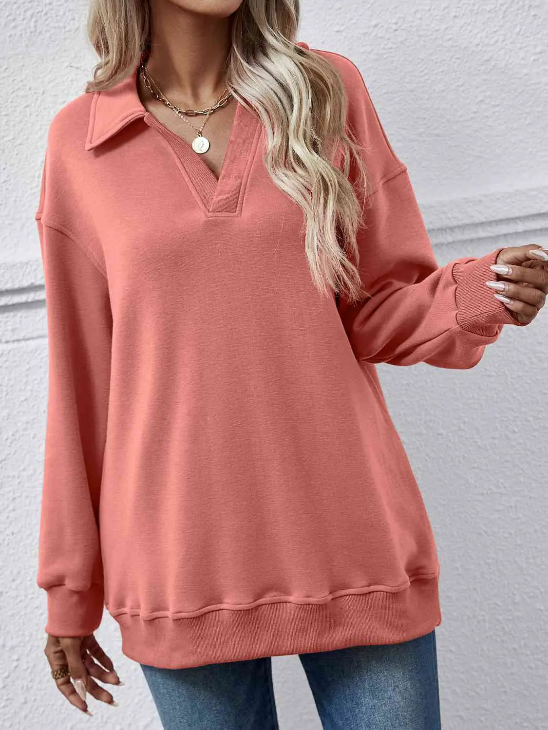 Collared Neck Dropped Shoulder Sweatshirt Bazaarbey