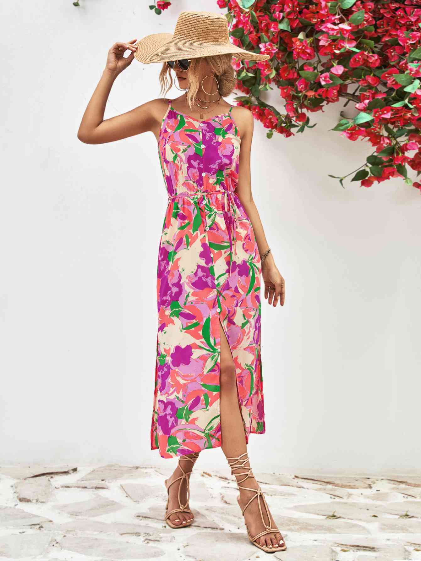 Printed Spaghetti Strap Front Slit Dress -BazaarBey - www.shopbazaarbey.com