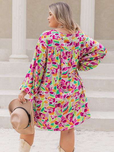 Plus Size Printed V-Neck Balloon Sleeve Mini Dress Bazaarbey