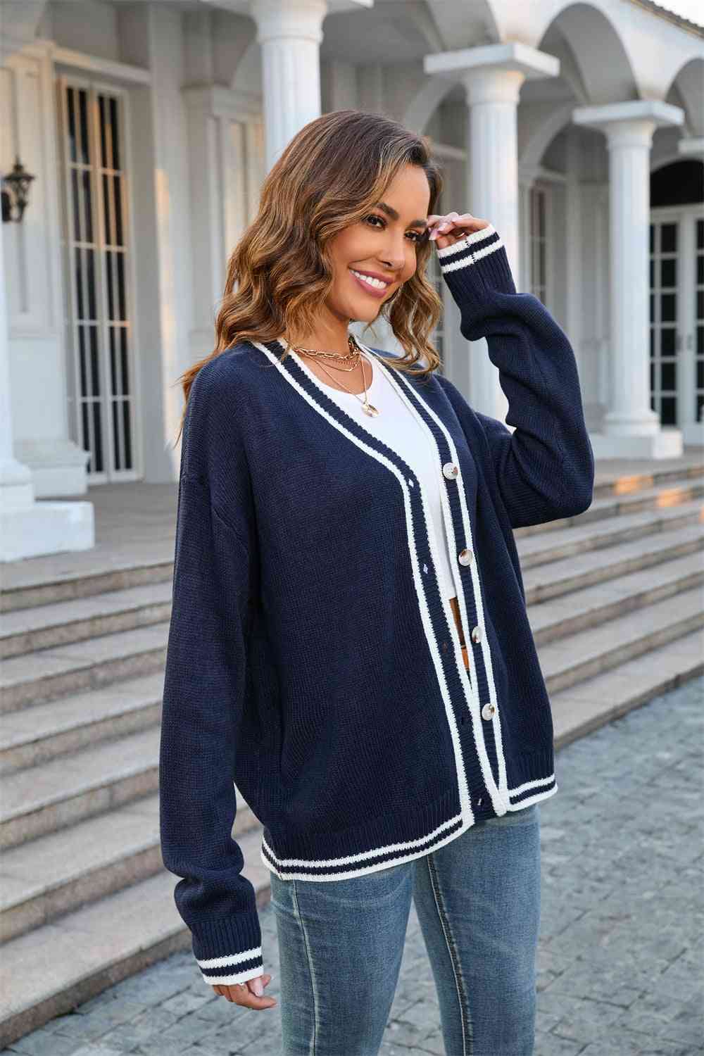 Buttoned V-Neck Long Sleeve Cardigan Bazaarbey