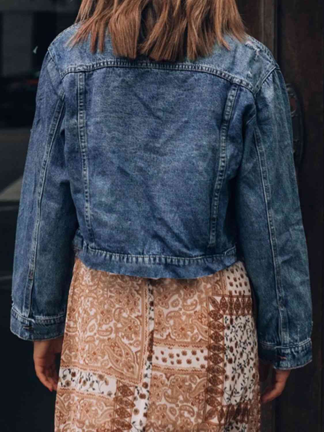 Button Up  Collared Neck Distressed Denim Jacket Bazaarbey