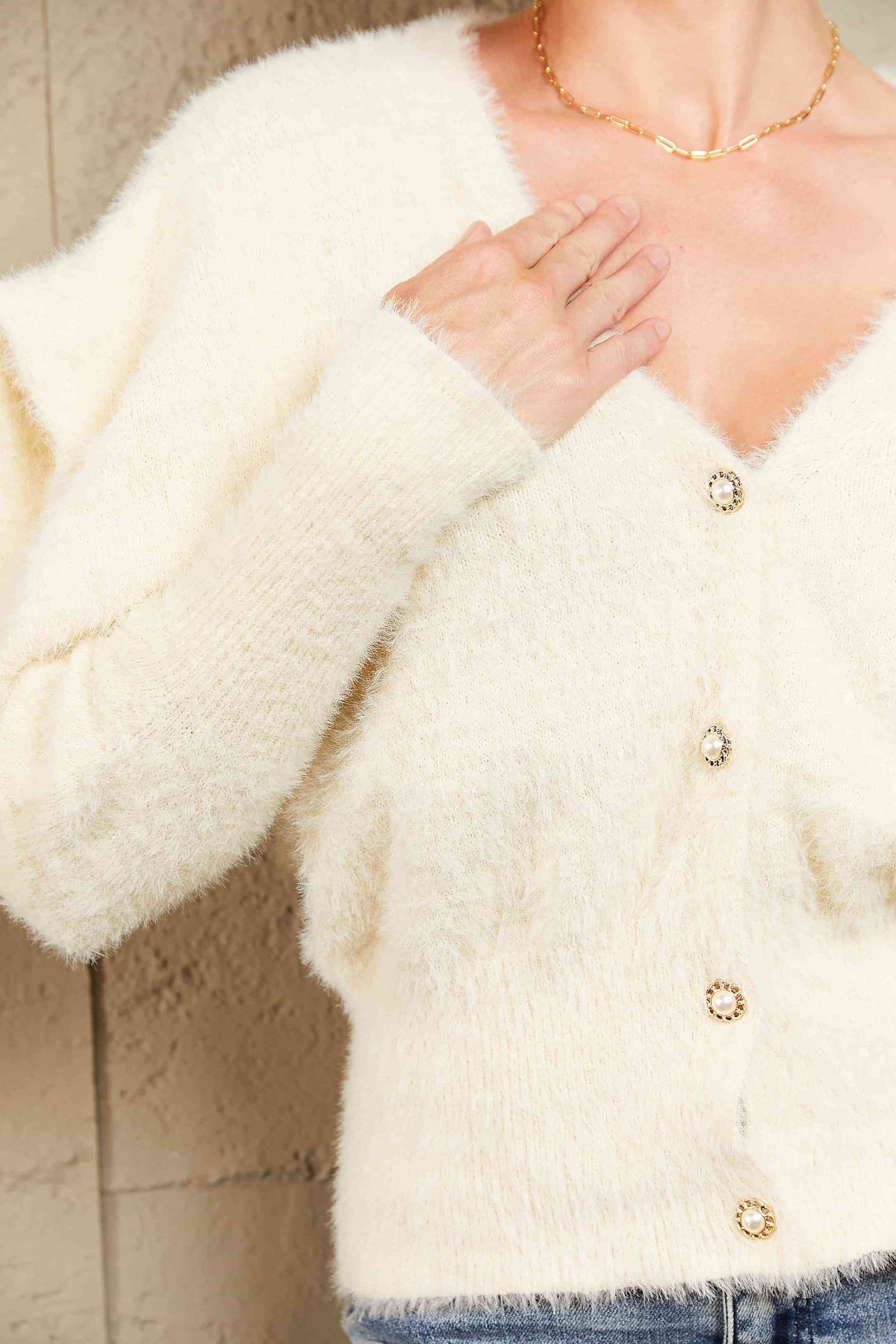  Puff Sleeve V-Neck Fuzzy Cardigan Trendsi