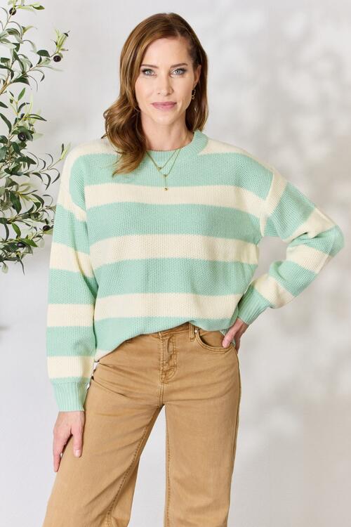 Sew In Love Full Size Contrast Striped Round Neck Sweater Bazaarbey