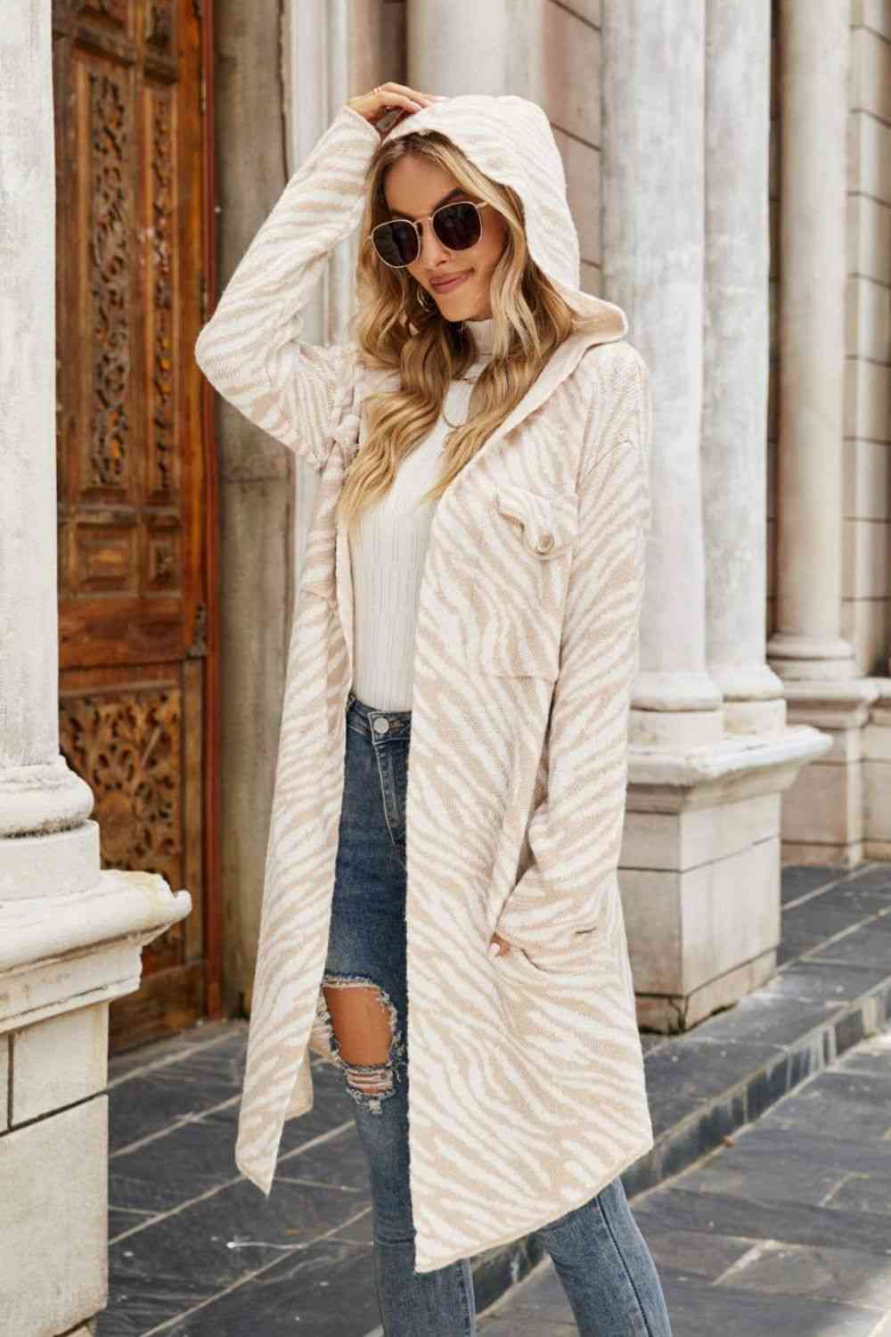  Printed  Hooded  Cardigan Trendsi