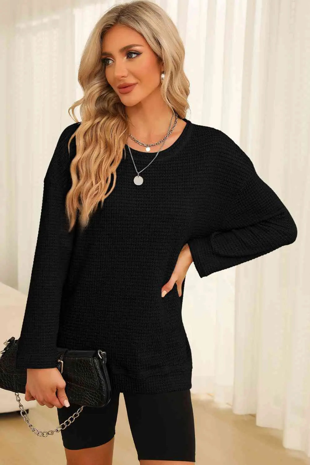 Waffle-Knit Round Neck Long Sleeve Sweatshirt Trendsi