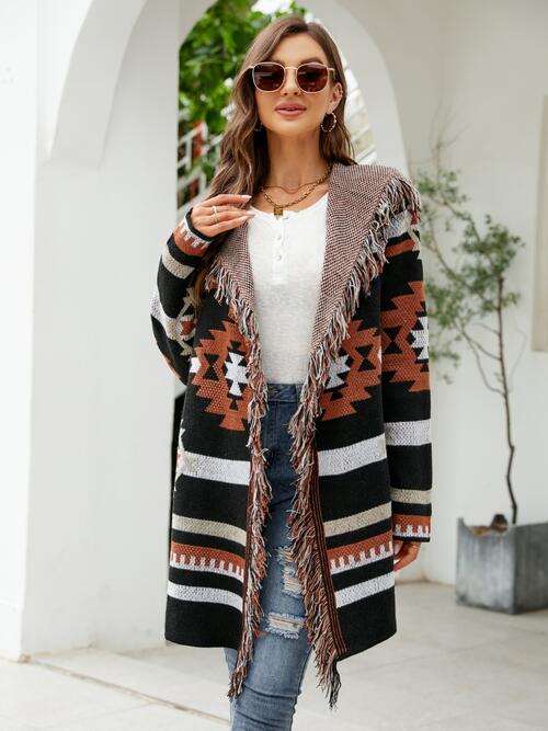 BazaarBey  Geometric Hooded Long Sleeve Cardigan Bazaarbey