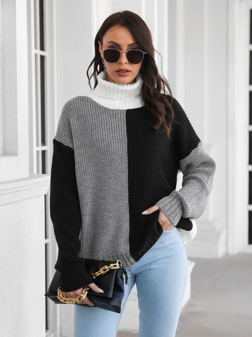 Contrast Turtleneck Long Sleeve Sweater Bazaarbey