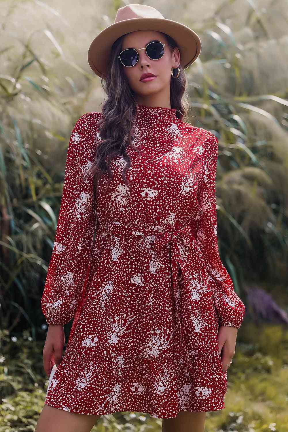 Printed Mock Neck Long Sleeve Tie Waist Mini Dress -BazaarBey - www.shopbazaarbey.com