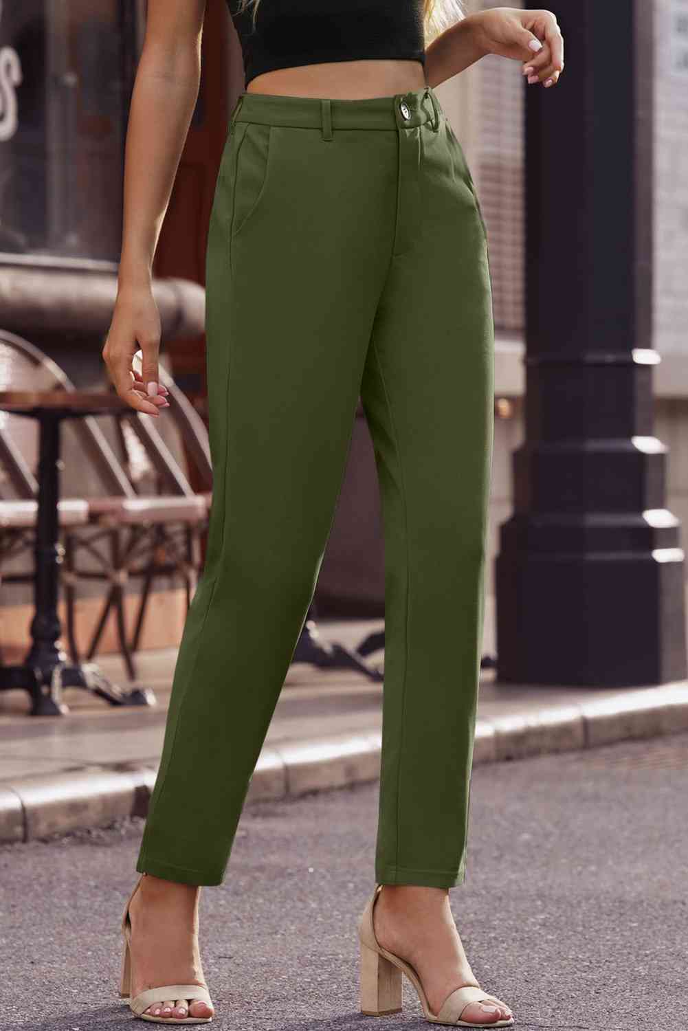 Ankle-Length Straight Leg Pants with Pockets Bazaarbey