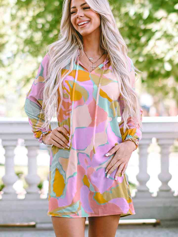 Printed Tie Neck Long Sleeve Dress -BazaarBey - www.shopbazaarbey.com