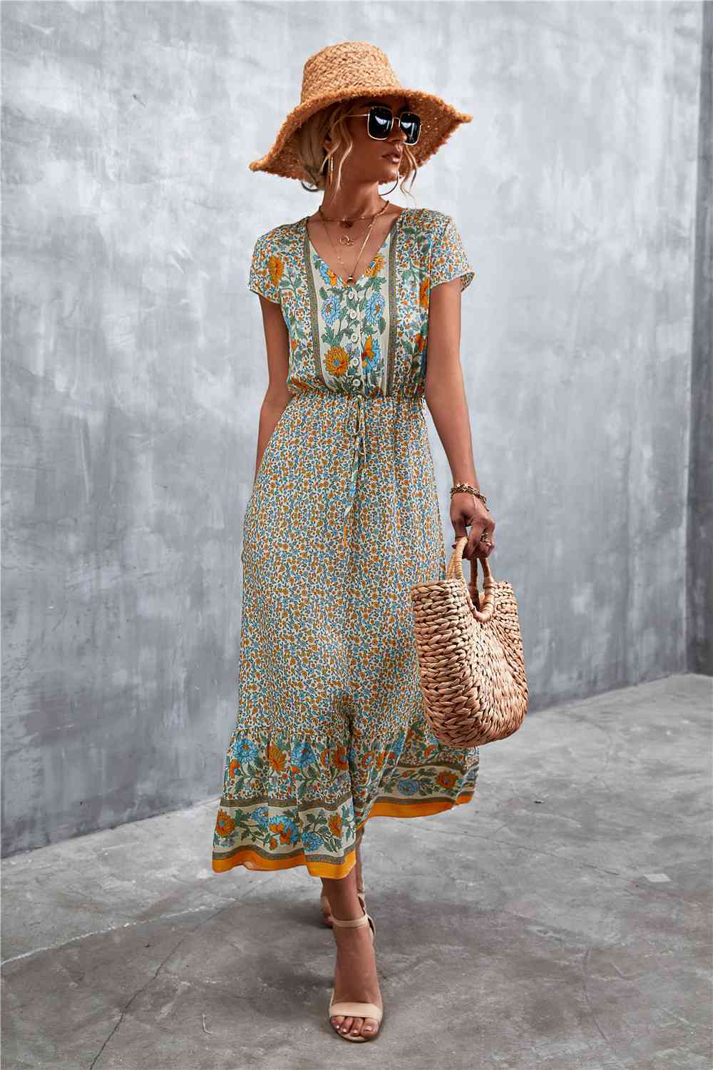 V-Neck Short Sleeve Printed Maxi Dress Bazaarbey