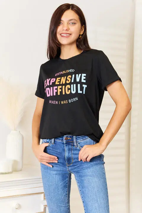  Slogan Graphic Cuffed Sleeve T-Shirt Bazaarbey