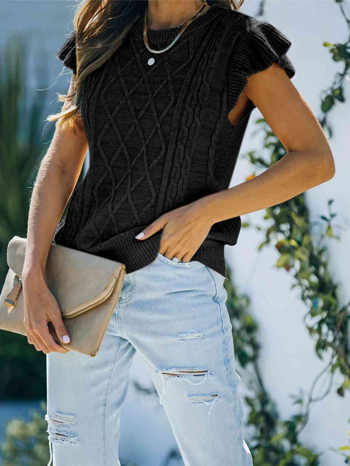 Round Neck Cap Sleeve Sweater Trendsi