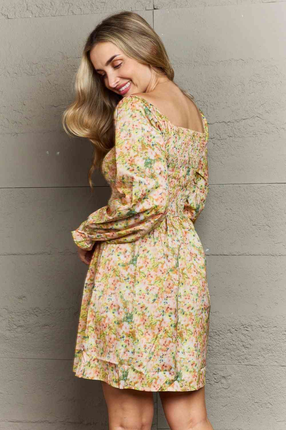 Floral Smocked Square Neck Dress -BazaarBey - www.shopbazaarbey.com