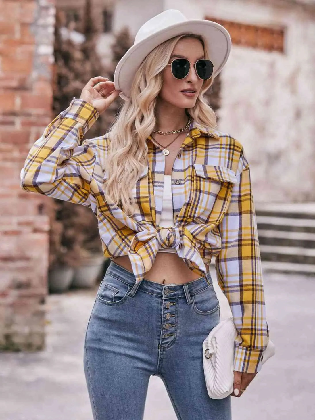 Plaid Dropped Shoulder Longline Shirt Trendsi