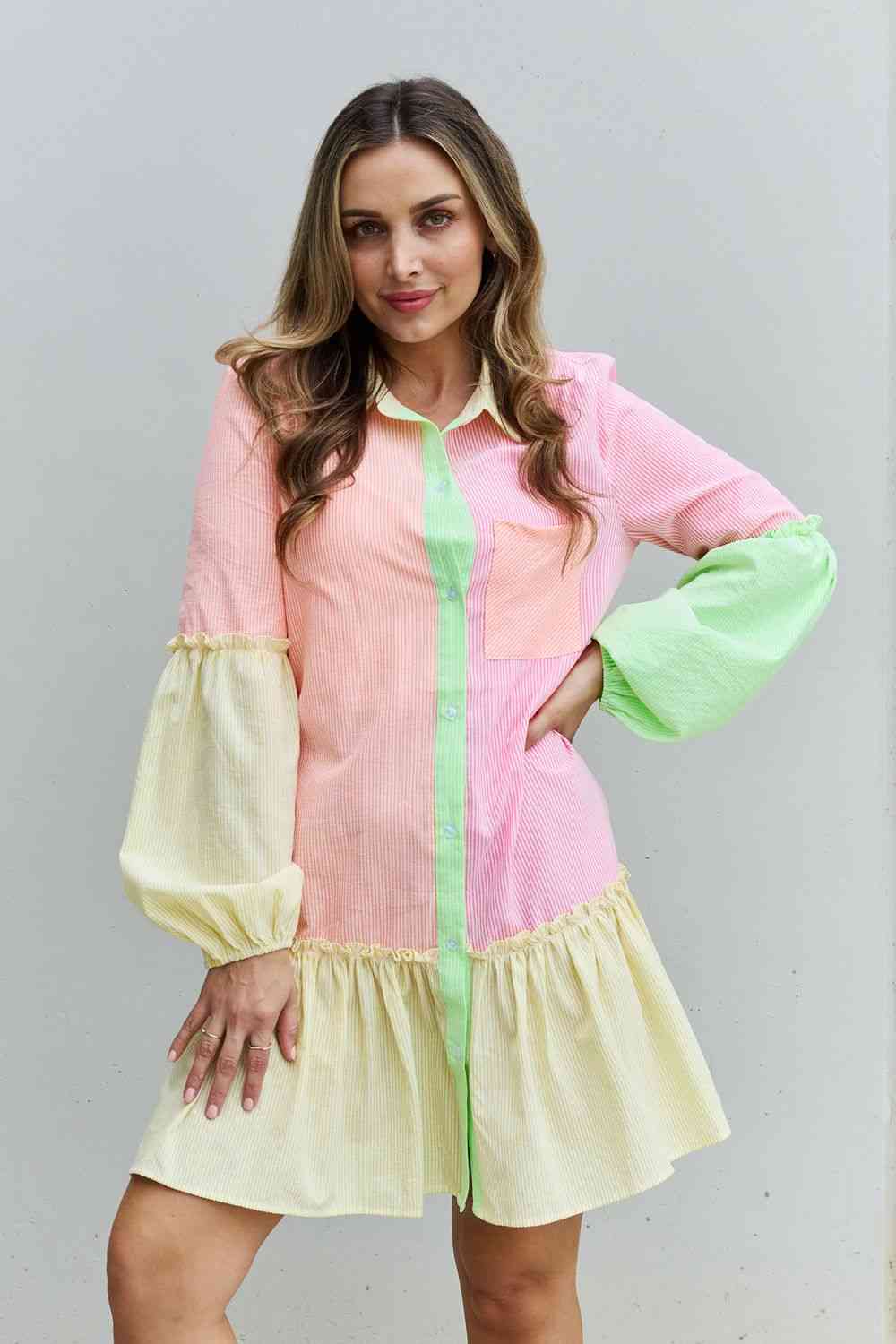 Davi & Dani Flying Colors Full Size Colorblock Long Sleeve Shirt Dress -BazaarBey - www.shopbazaarbey.com