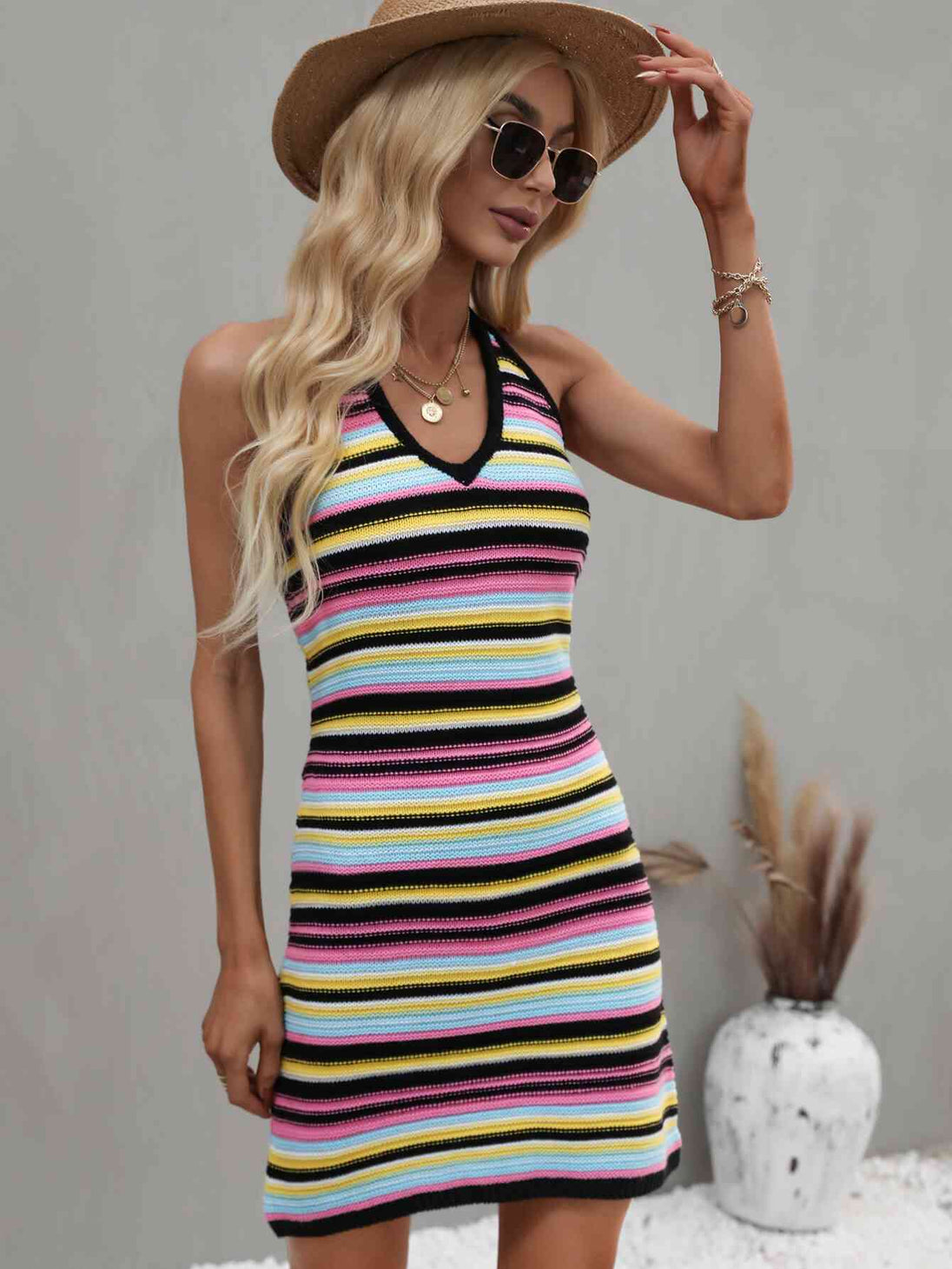 Striped Halter Neck Mini Sweater Dress Bazaarbey