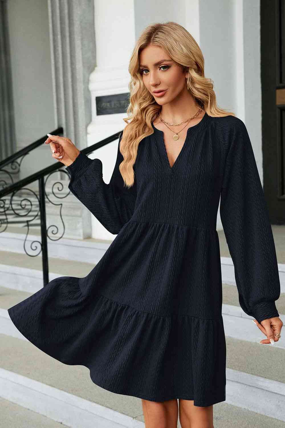 Notched Neck Long Sleeve Mini Dress Bazaarbey