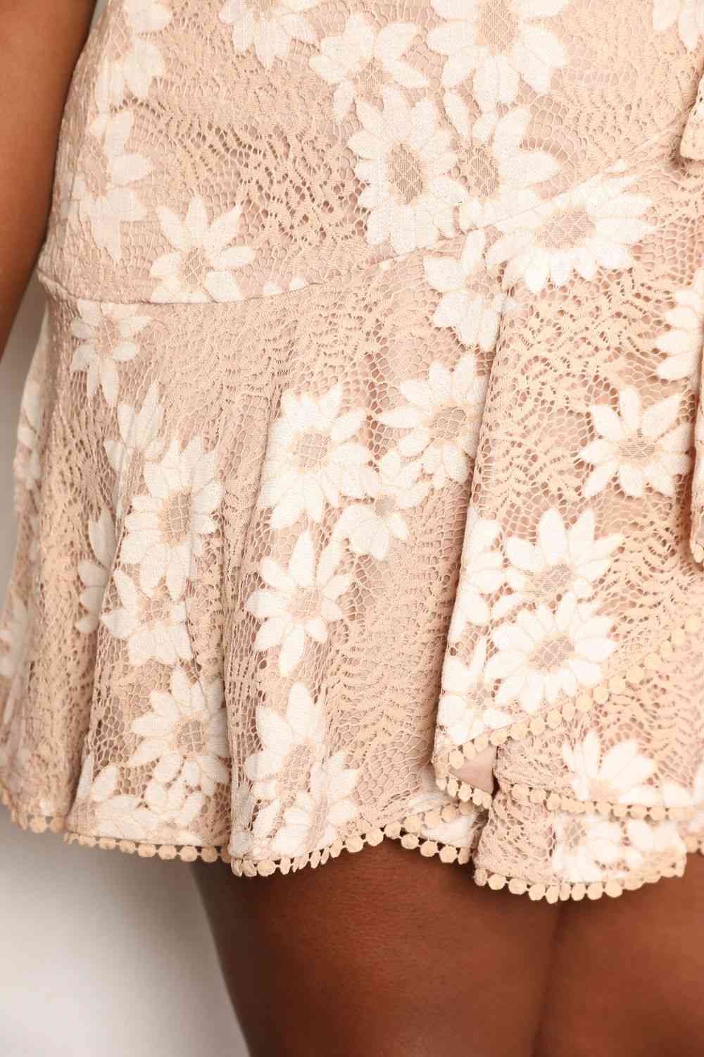  Floral Lace Pompom Detail Tie-Waist Flutter Sleeve Dress Bazaarbey