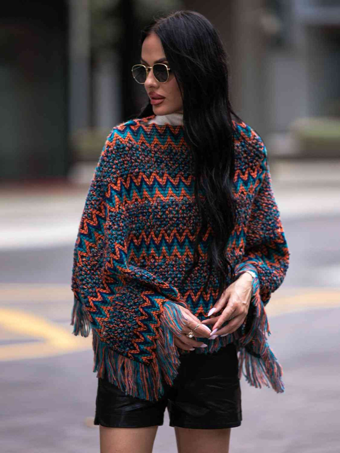 Fringe Hem Boat Neck Poncho Bazaarbey