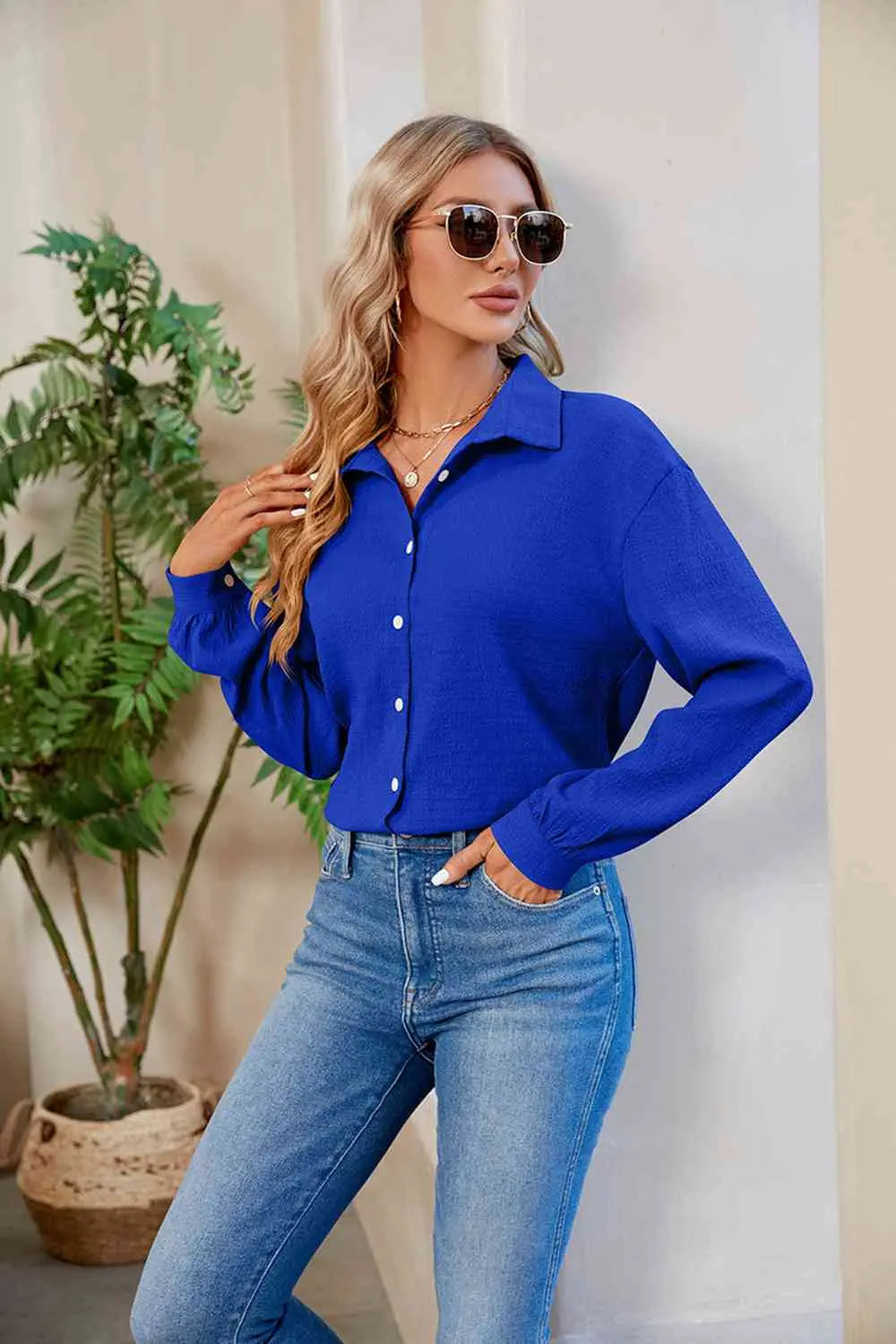 Collared Neck Buttoned Long Sleeve Shirt Bazaarbey