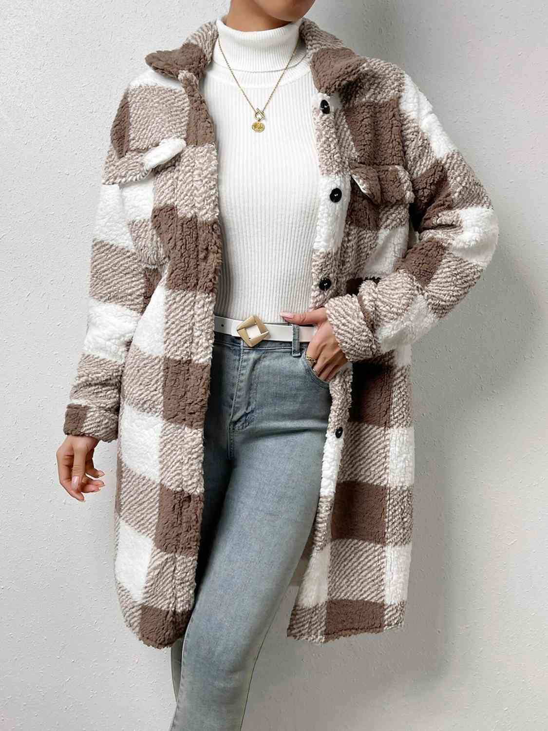 Plaid Collared Neck Button Down Coat Trendsi