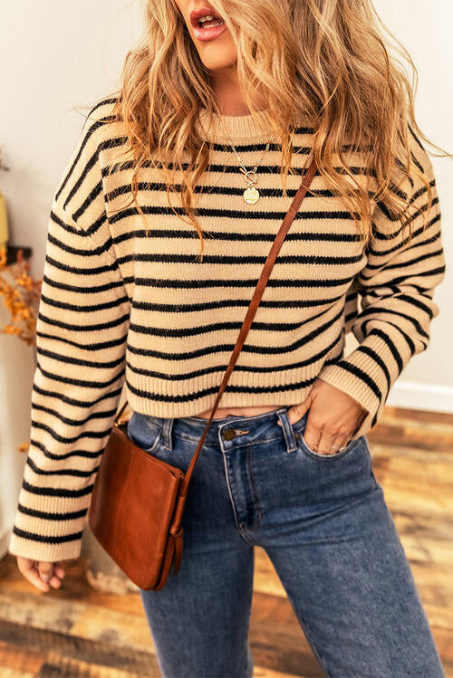 Striped Round Neck Long Sleeve Cropped Sweater Bazaarbey