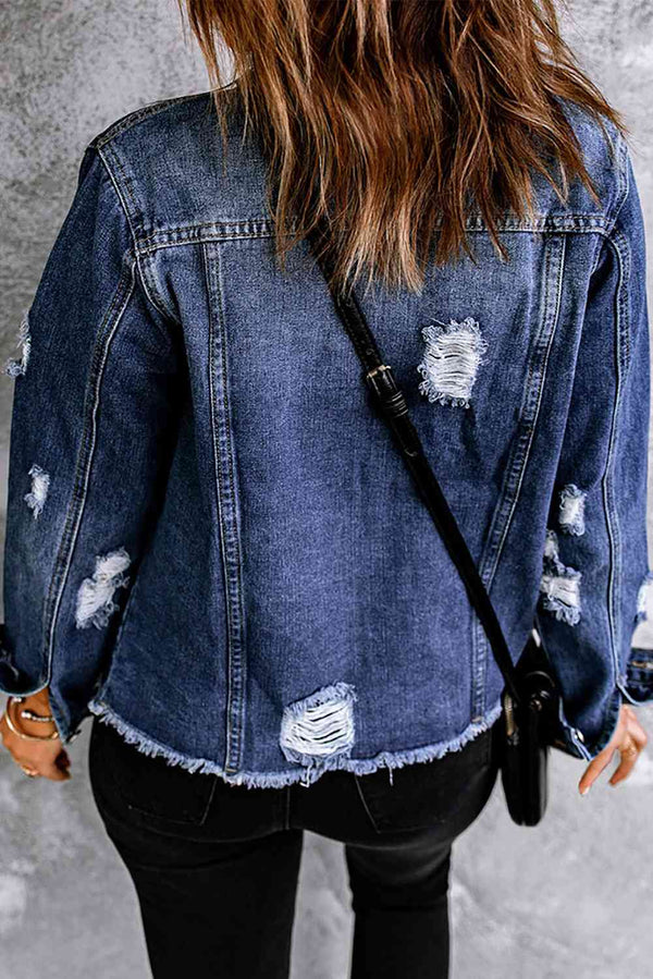 Mixed Print Distressed Button Front Denim Jacket Bazaarbey