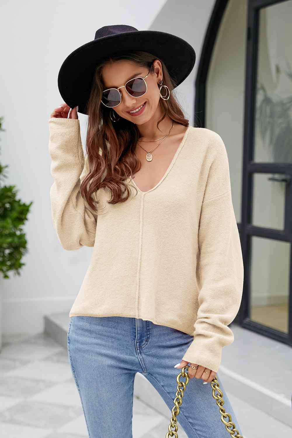 V-Neck Drop Shoulder Long Sleeve Knit Top Bazaarbey