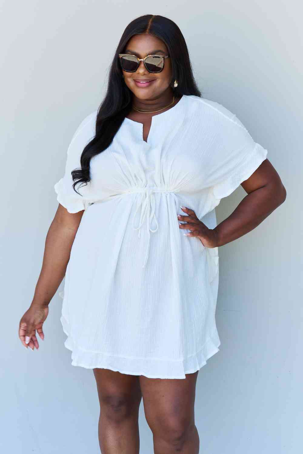 Ninexis Out Of Time Full Size Ruffle Hem Dress with Drawstring Waistband in White Bazaarbey