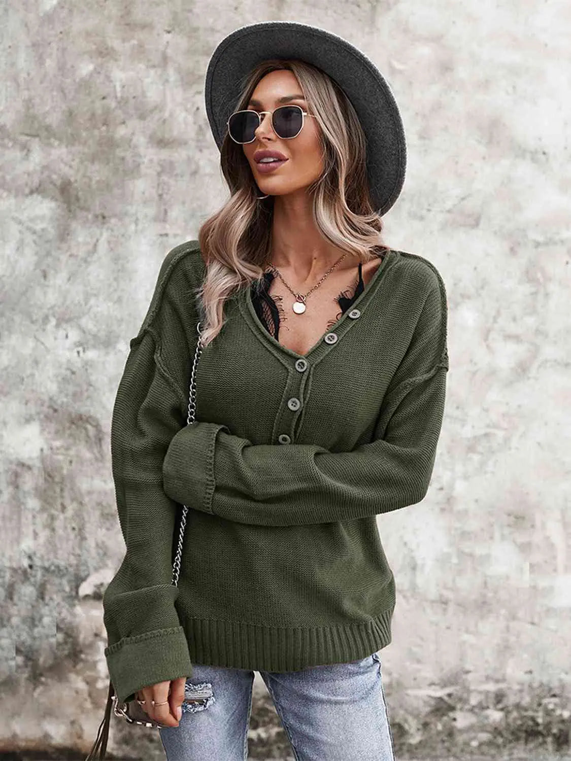 Buttoned Exposed Seam Knit Top Trendsi