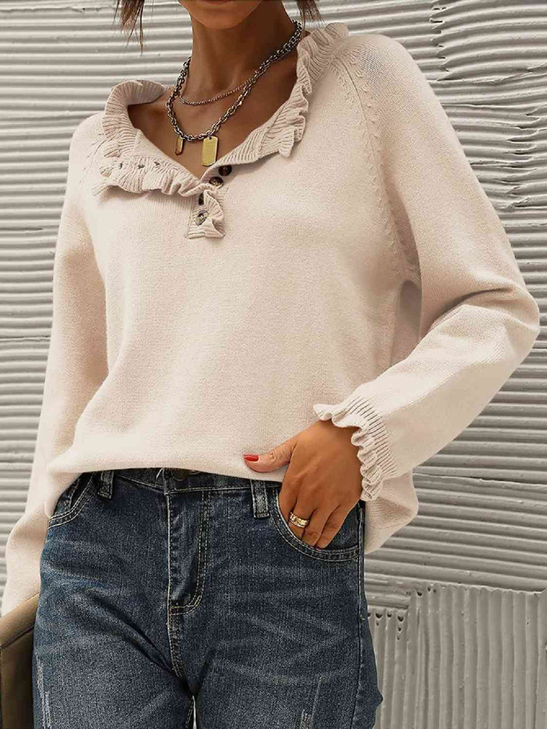 Ruffled Quarter-Button Sweater Bazaarbey