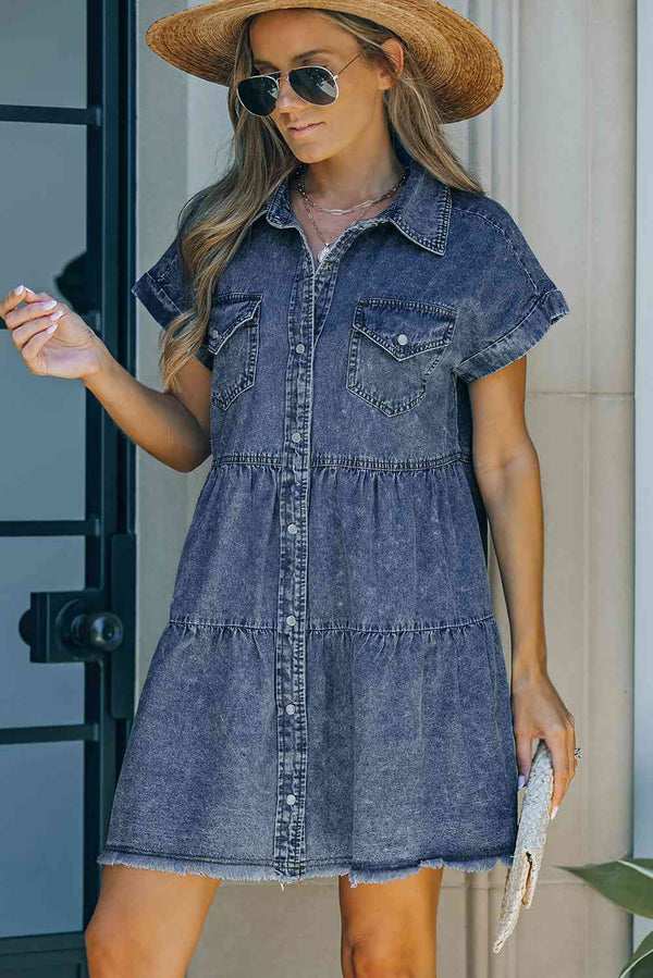 Button Front Raw Hem Denim Dress Bazaarbey