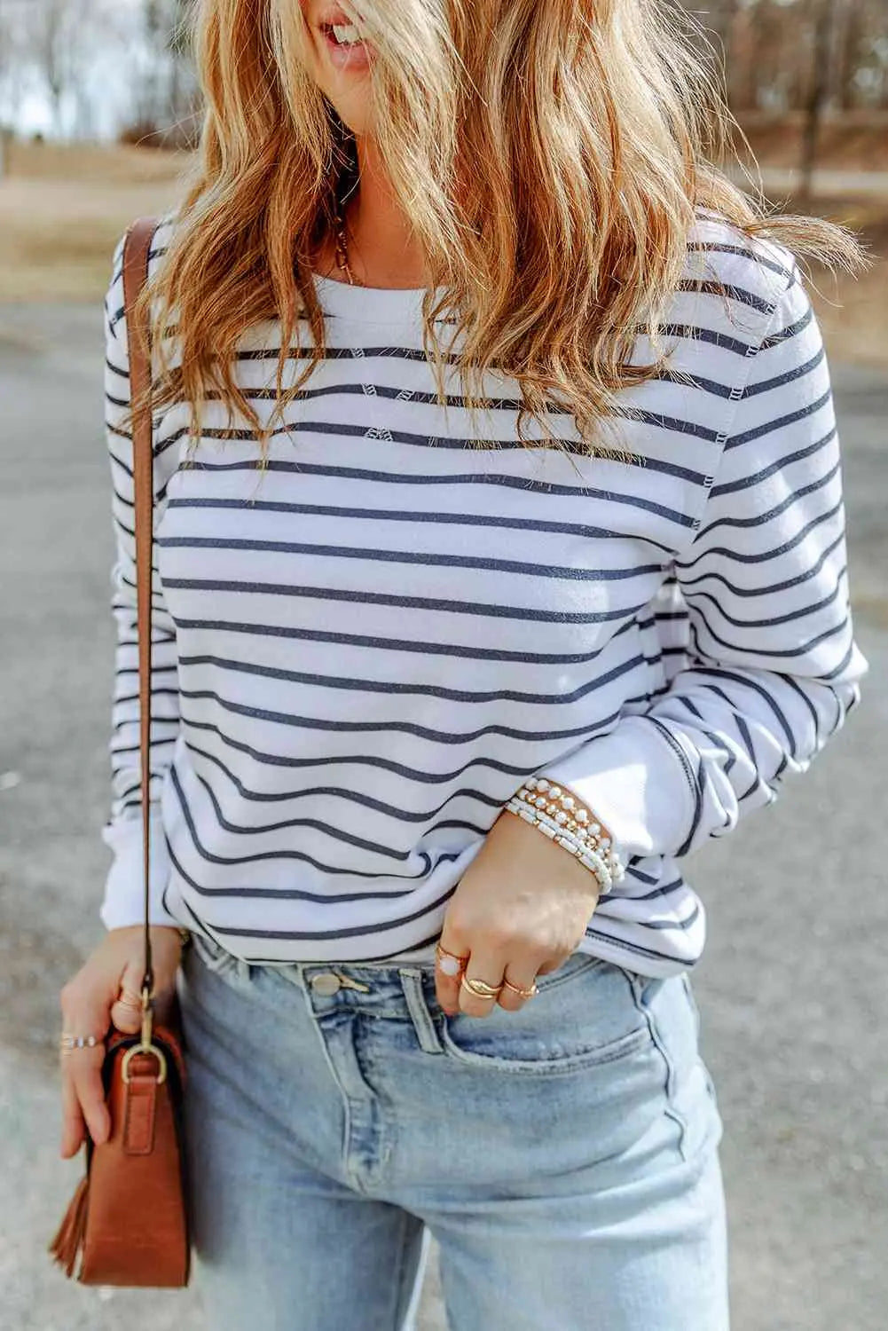 Striped Long Sleeve Round Neck Top Trendsi