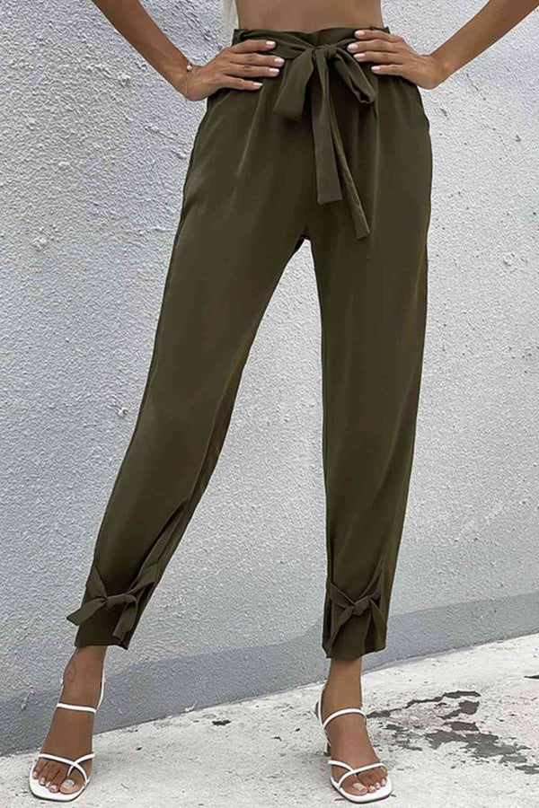 Tie Detail Belted Pants with Pockets Bazaarbey