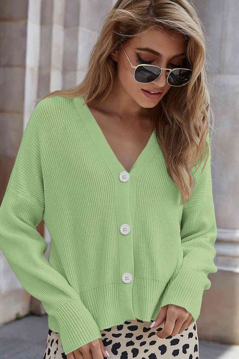 V-Neck Dropped Shoulder Cardigan Trendsi