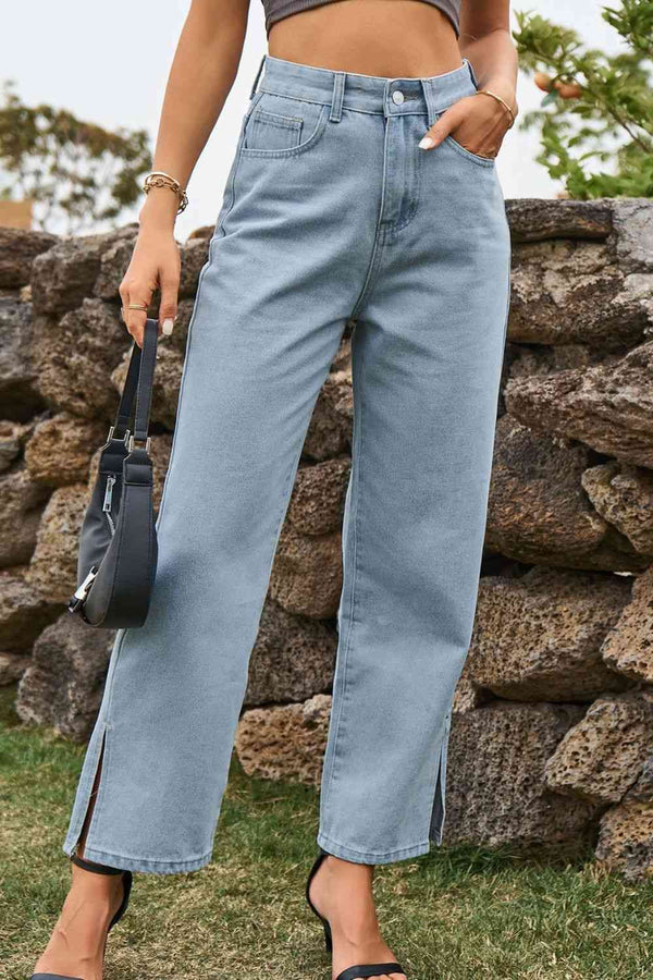 High Waist Loose Fit Ankle Slit Jeans Trendsi