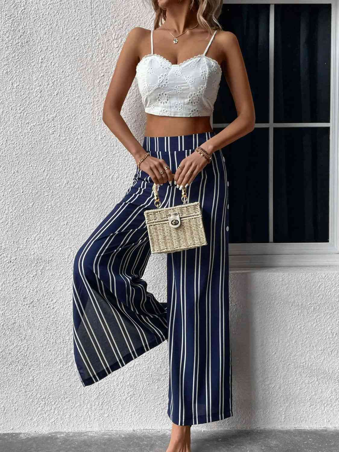 Striped Slit Wide Leg Pants Bazaarbey