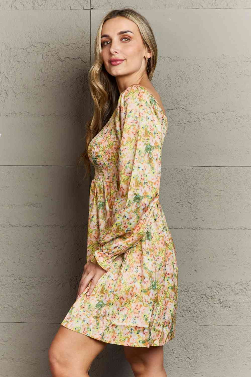 Floral Smocked Square Neck Dress -BazaarBey - www.shopbazaarbey.com