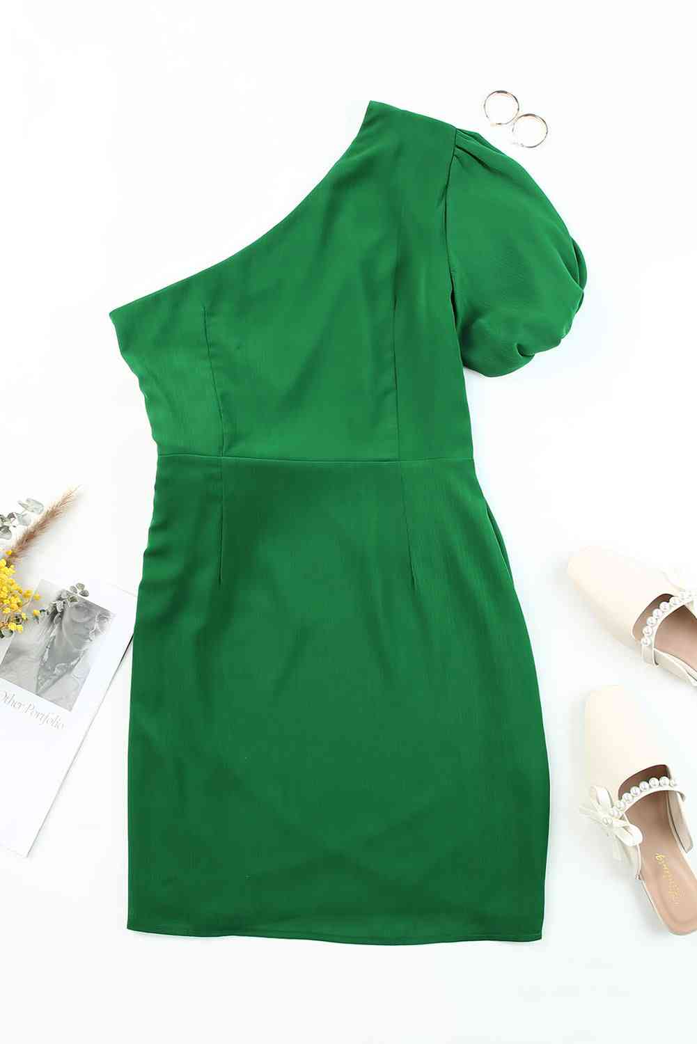 Tied One-Shoulder Puff Sleeve Dress -BazaarBey - www.shopbazaarbey.com