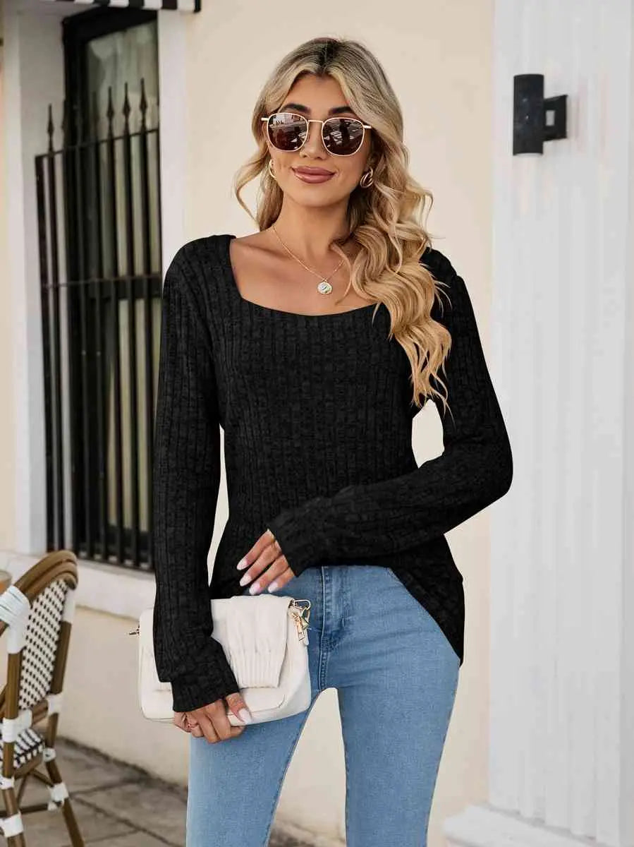 Square Neck Ribbed Long Sleeve T-Shirt Trendsi