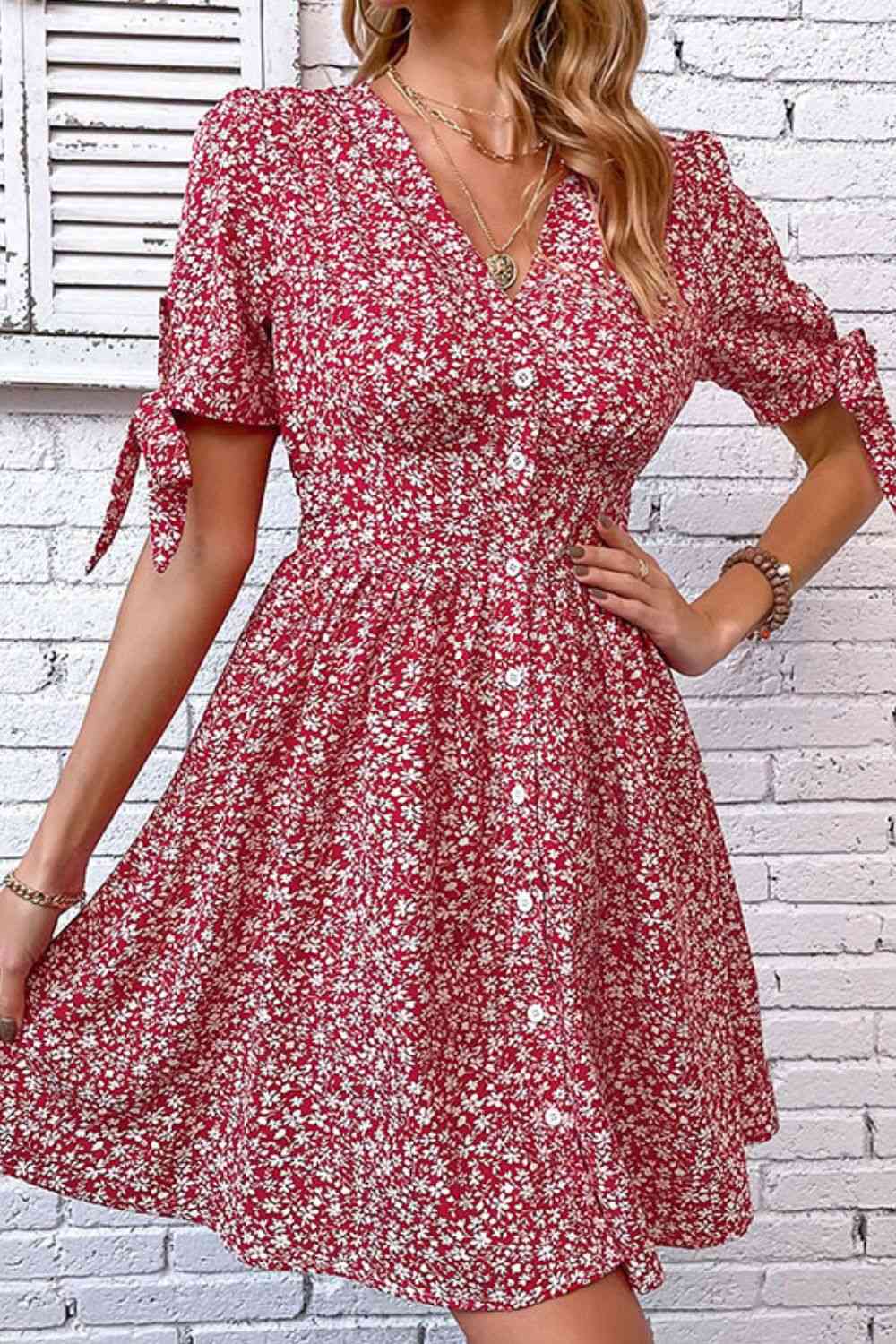  Floral Tied Puff Sleeve Button Front Dress -BazaarBey - www.shopbazaarbey.com