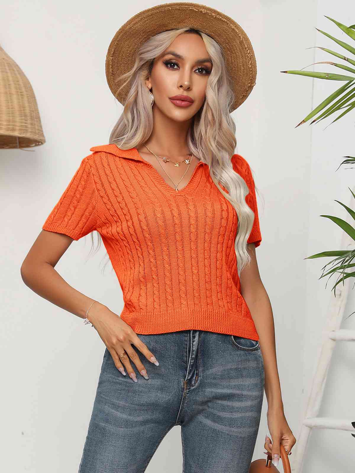 Cable-Knit  Short Sleeve Knit Top Trendsi