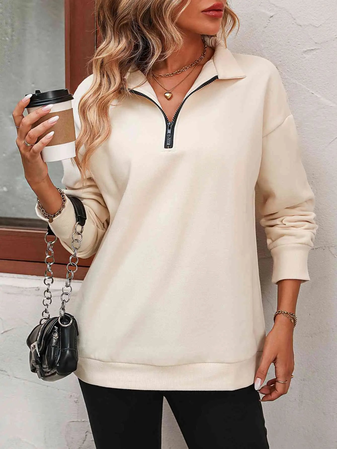 Zip-Up Dropped Shoulder Sweatshirt Bazaarbey