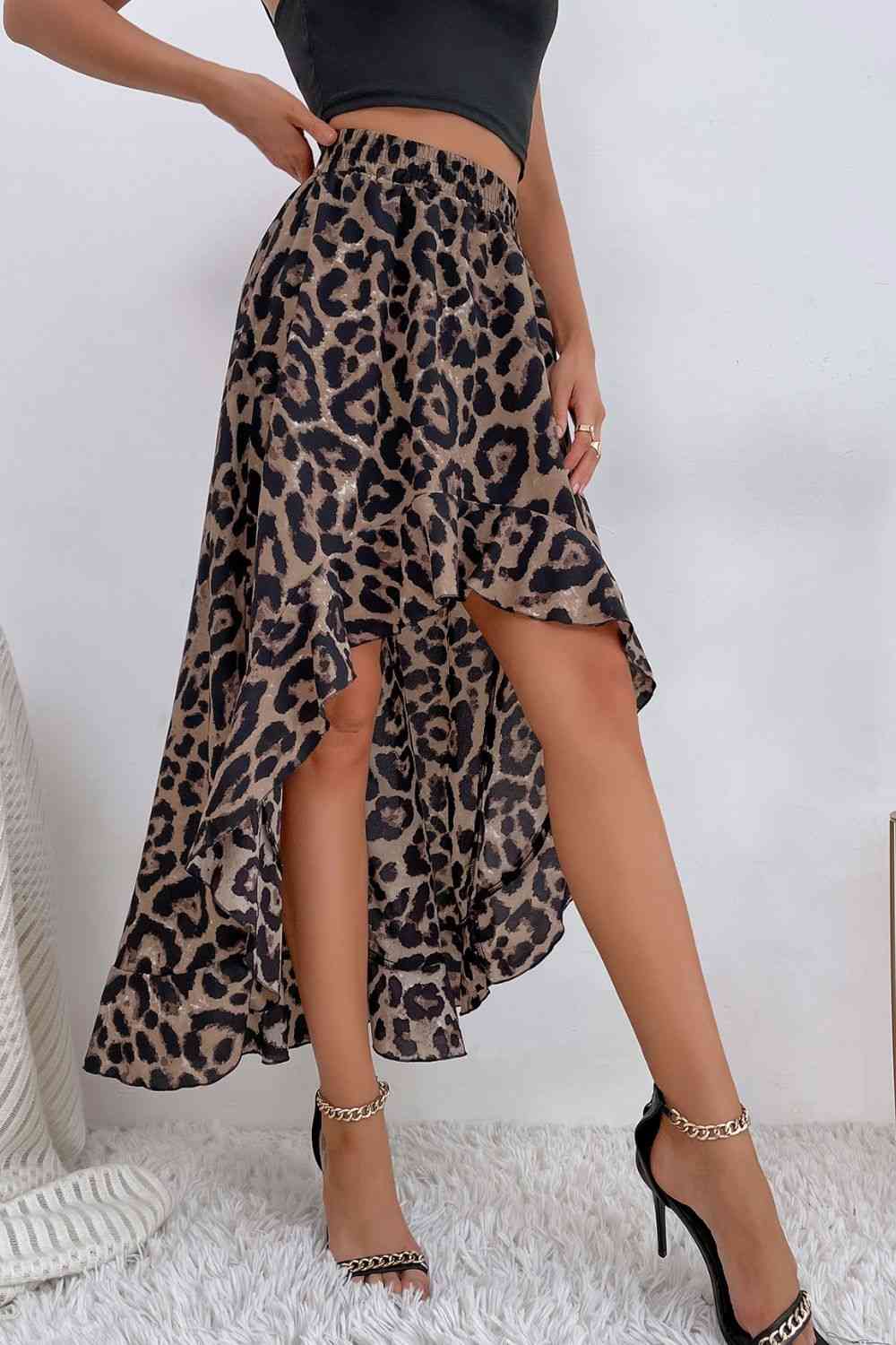 Leopard Ruffle Hem High-Low Skirt Trendsi