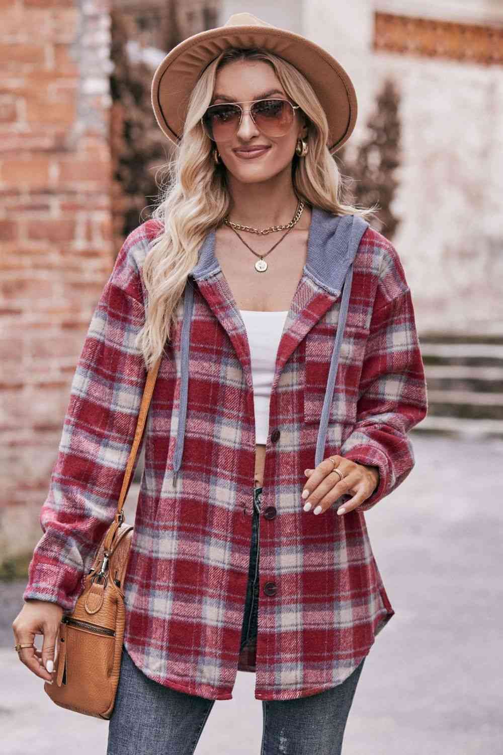 Plaid Dropped Shoulder Hooded  Jacket Trendsi