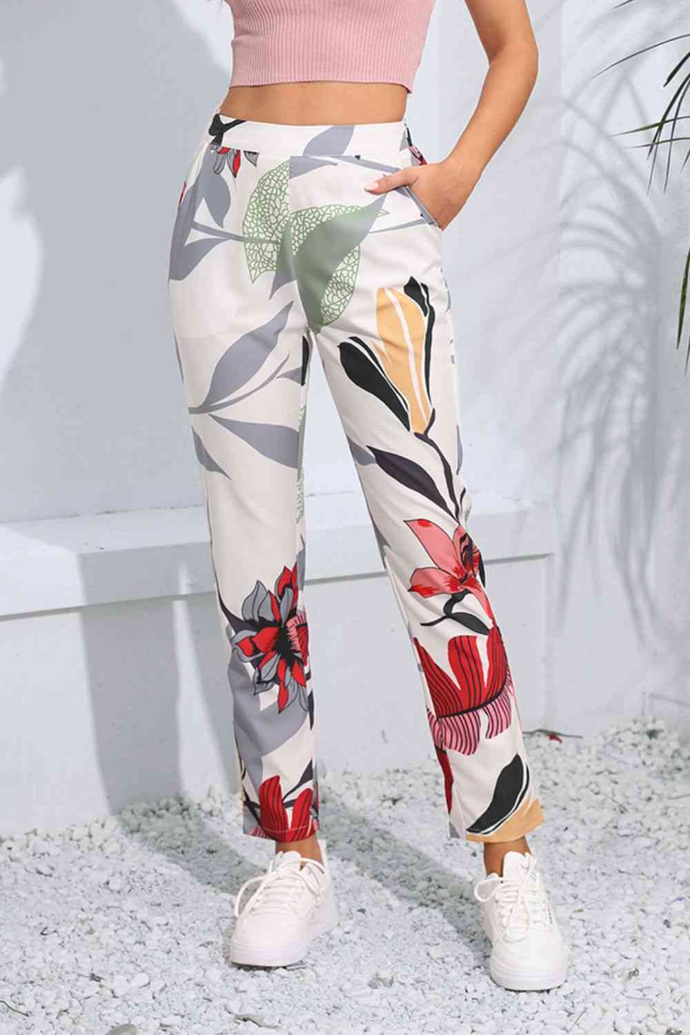 Floral Print Cropped Pants with Pockets Bazaarbey